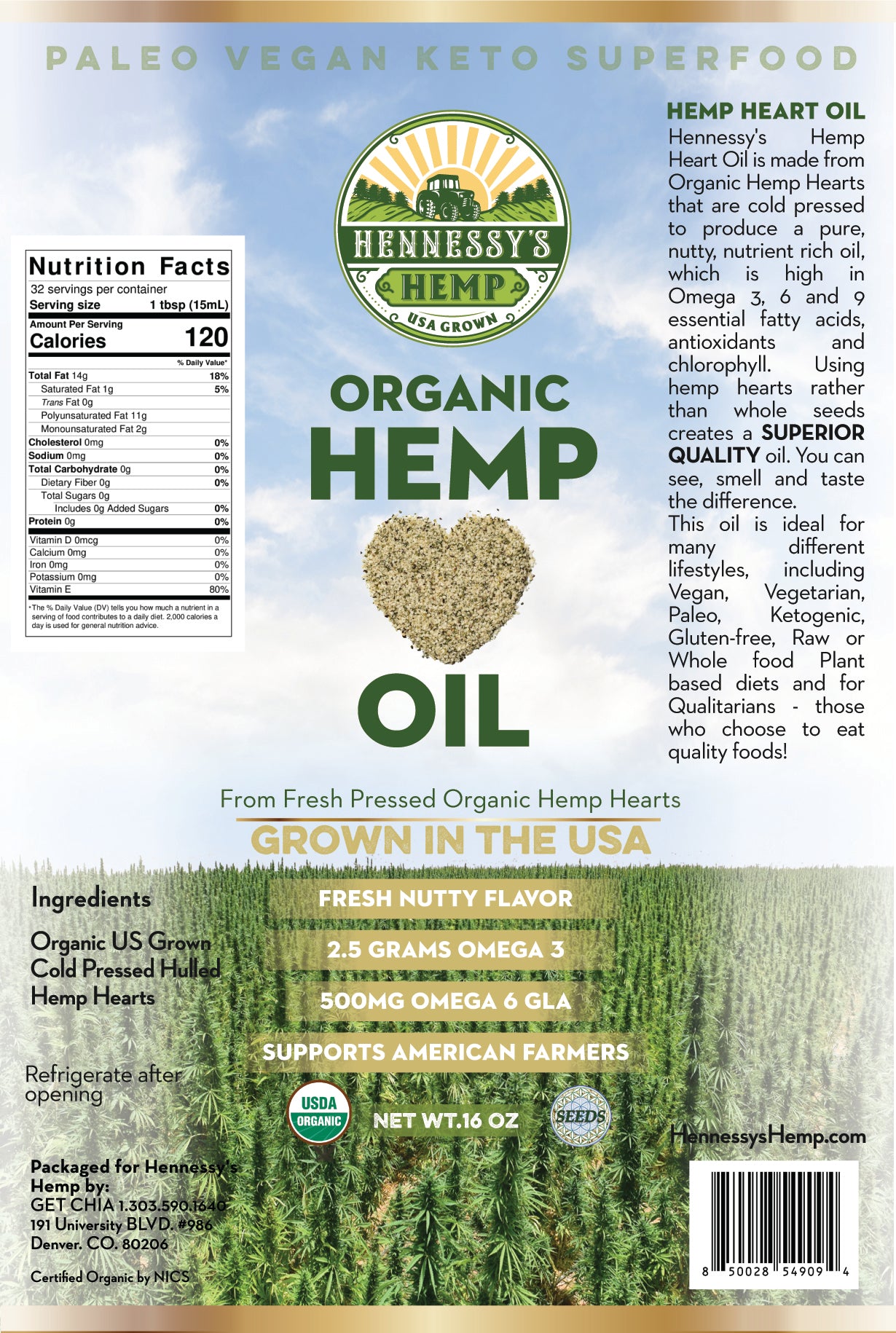 Hennessy Organic Hemp Oil 16oz Bottle